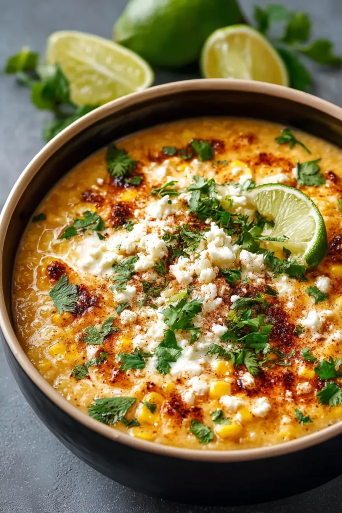 Served bowl of Mexican Street Corn Soup with garnish