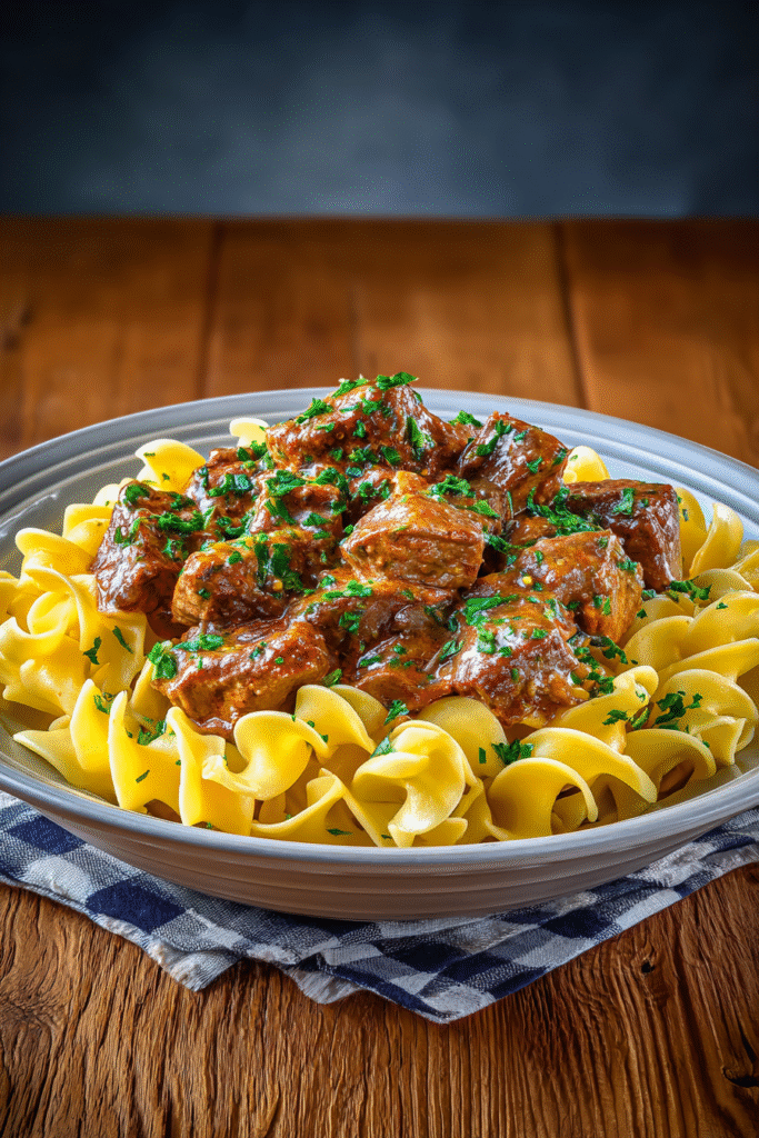 Crockpot Beef Stroganoff served with noodles
