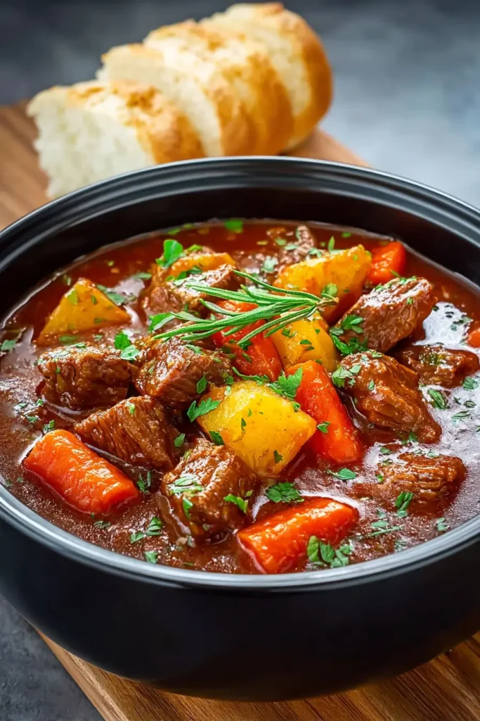 Bowl of Crockpot Beef Stew served with bread