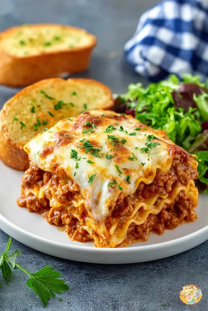 Serving Crockpot Lasagna slice with salad and garlic bread