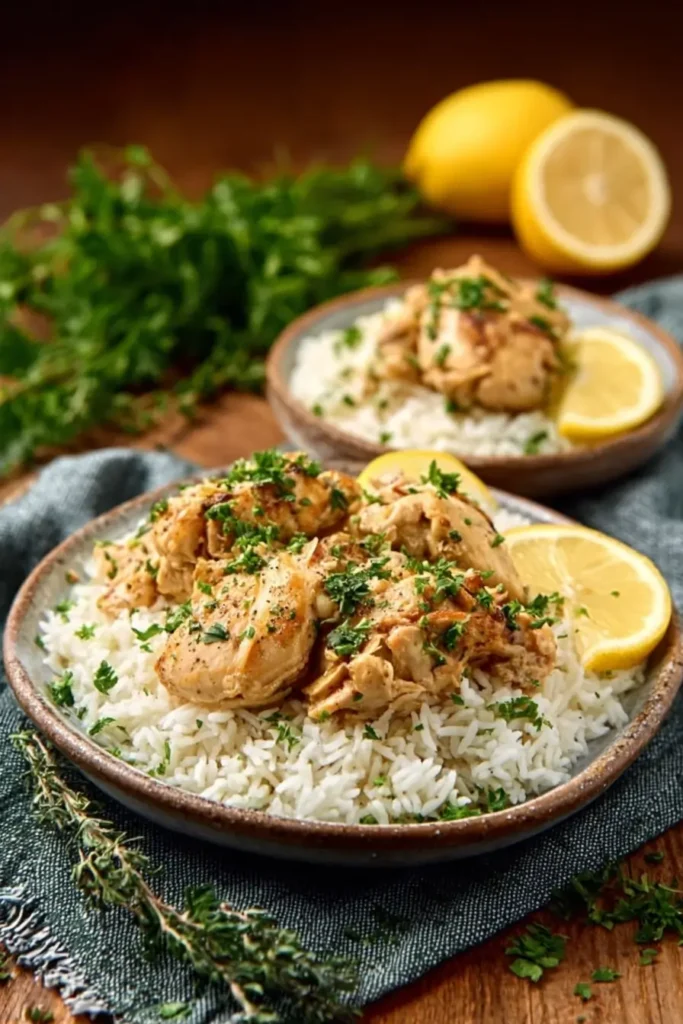 Serving slow cooker lemon chicken and rice with parsley