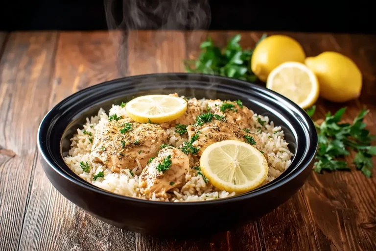 Slow Cooker Lemon Chicken and Rice served in a bowl with lemon garnish