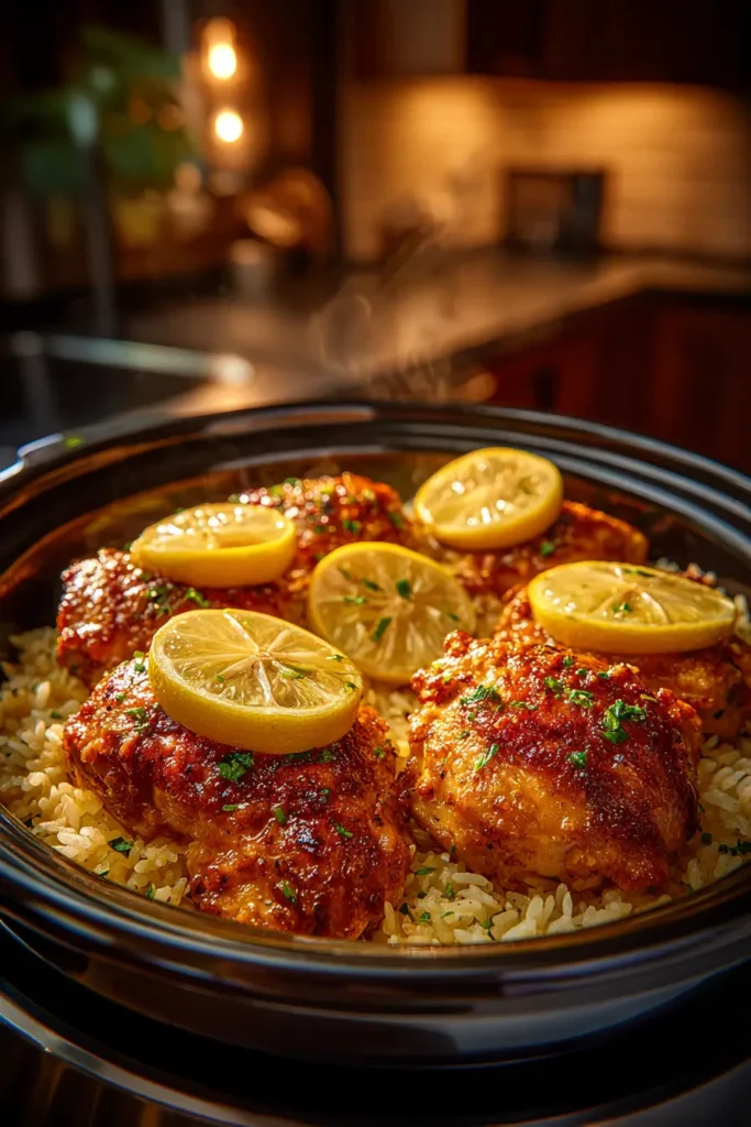 Slow cooker lemon chicken and rice simmering with lemon slices