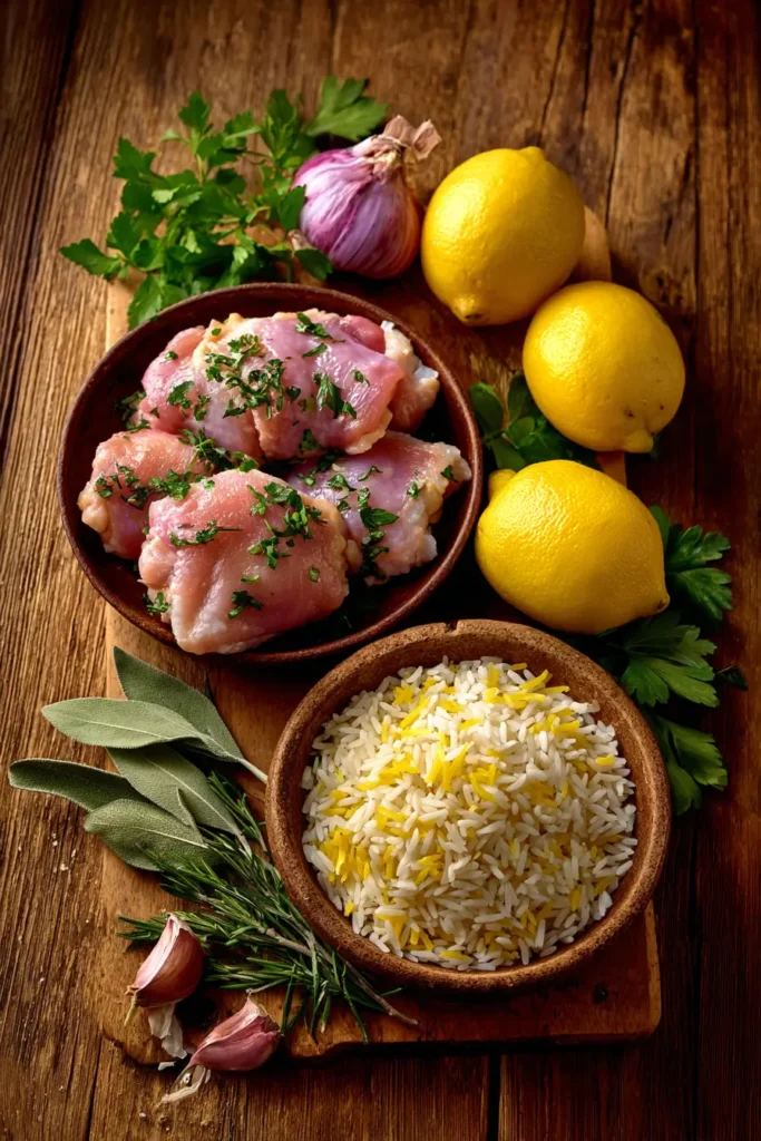 Ingredients for slow cooker lemon chicken and rice including chicken, rice, and lemon