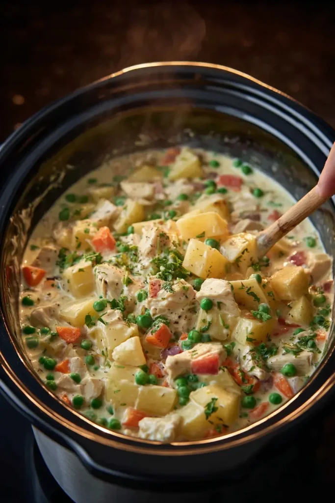 Stirring creamy crockpot chicken pot pie filling