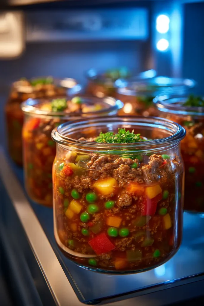 Storing leftover soup with hamburger meat in containers