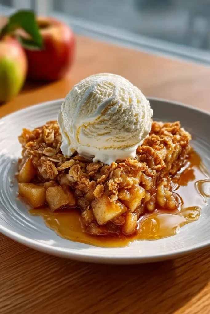 warm apple crisp with vanilla ice cream