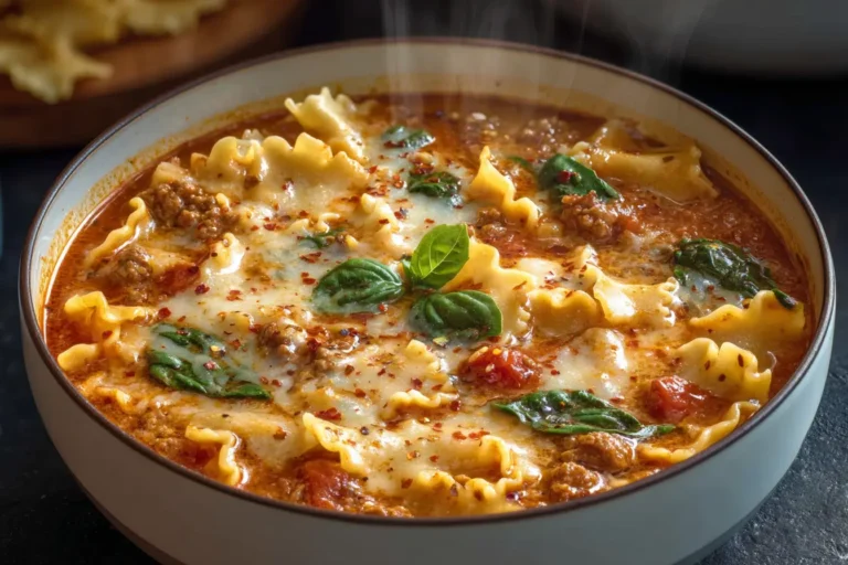 Gluten Free Lasagna Soup in a rustic bowl with cheese and basil