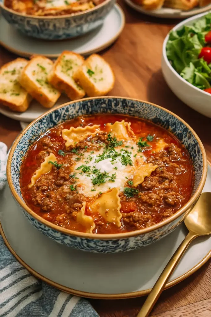 Gluten Free Lasagna Soup served with salad and garlic bread