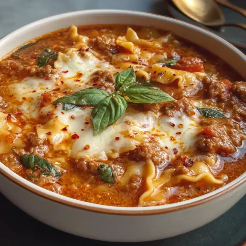 Gluten Free Lasagna Soup in a rustic bowl