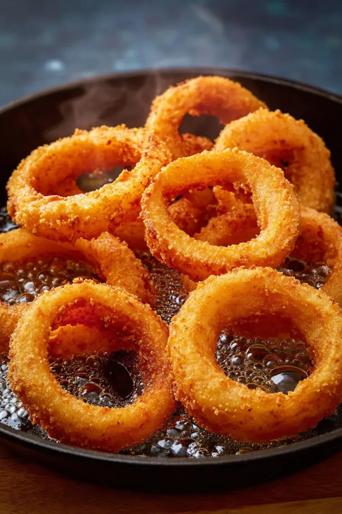 golden gluten free onion rings frying in skillet