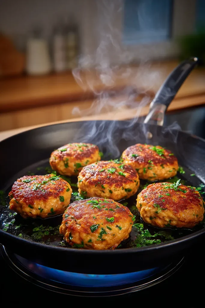 homemade chicken sausage patties cooking in skillet