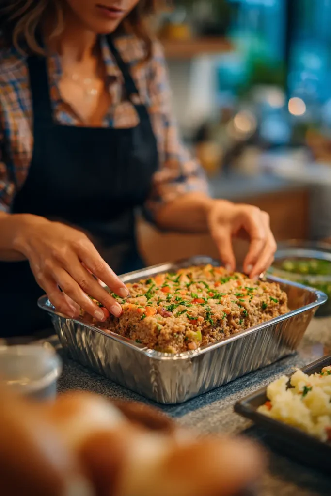 shaping gluten free meatloaf mixture in loaf pan