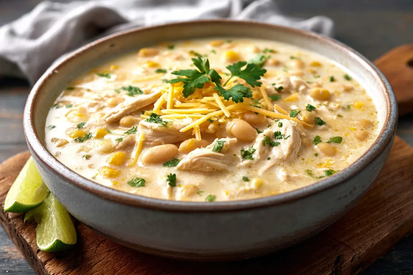 creamy white chicken chili in a rustic bowl with toppings
