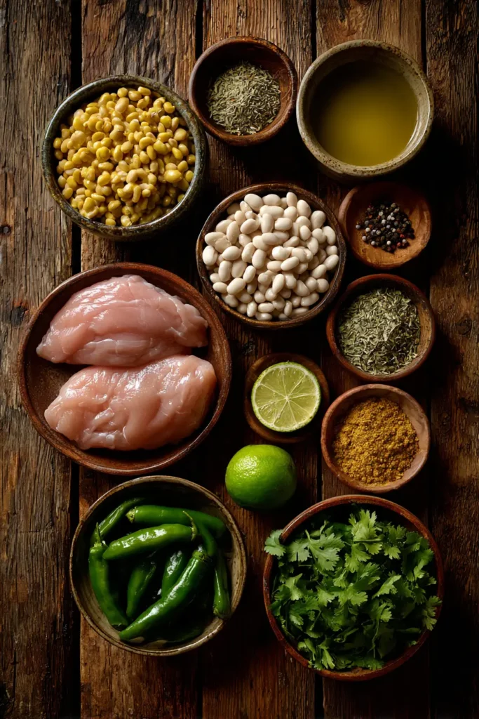 white chicken chili ingredients displayed on wooden table