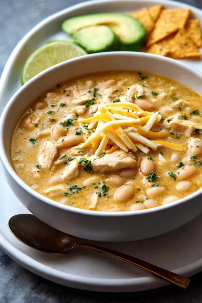 white chicken chili with toppings and sides