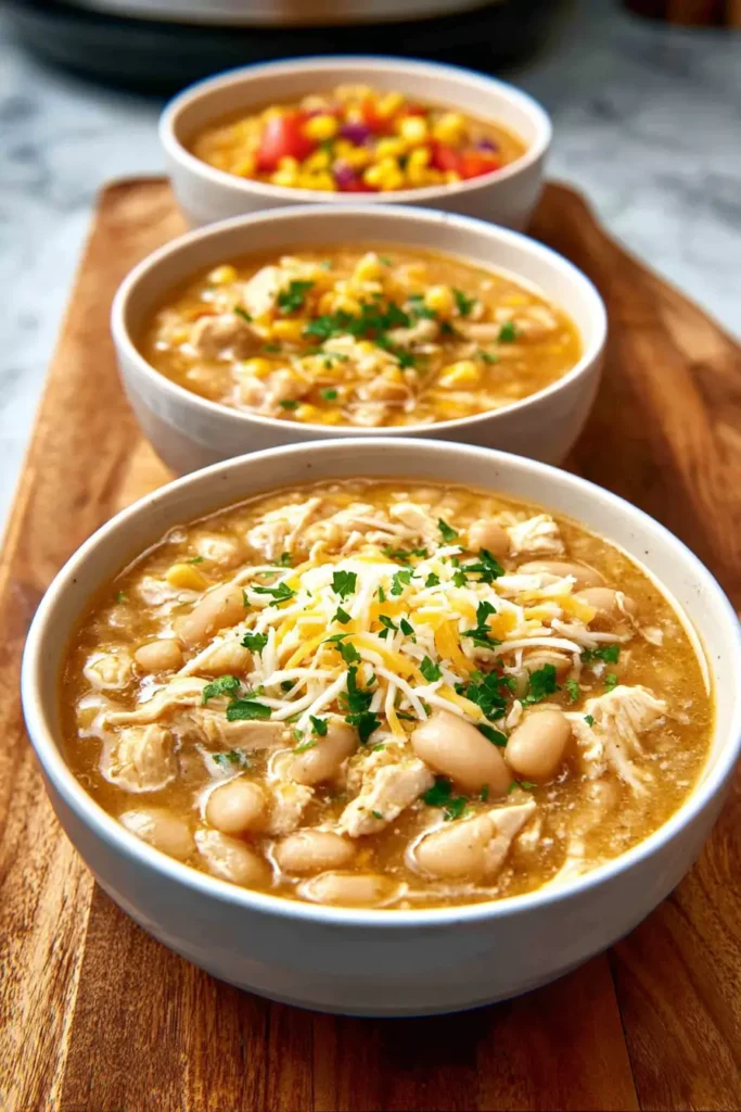 three variations of white chicken chili in different cooking styles