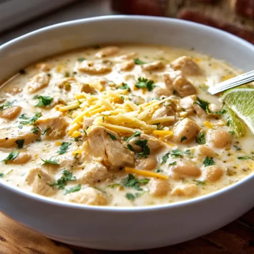 white chicken chili in a rustic bowl