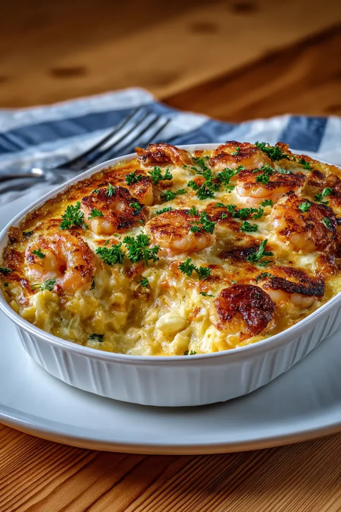 Plated Southern Crab & Shrimp Casserole with parsley garnish