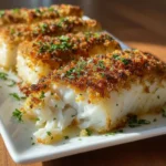 Buttery Ritz-Crusted Baked Cod Ritz-crusted baked cod fillets with a golden, buttery breadcrumb topping, garnished with chopped parsley on a white platter.
