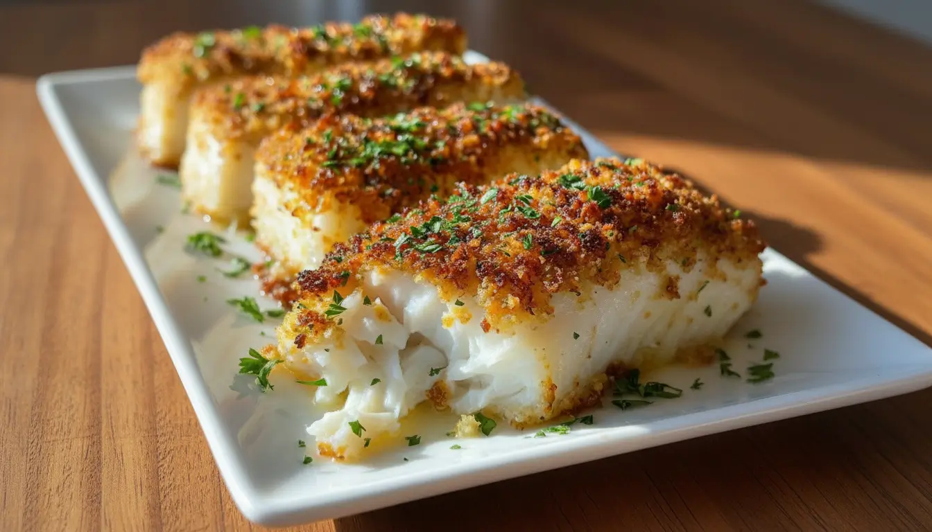 Ritz-crusted baked cod fillets with a golden, buttery breadcrumb topping, garnished with chopped parsley on a white platter.