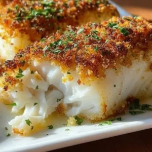 Close-up of flaky baked cod with a golden Ritz-and-panko crust, sprinkled with chopped parsley on a white plate.