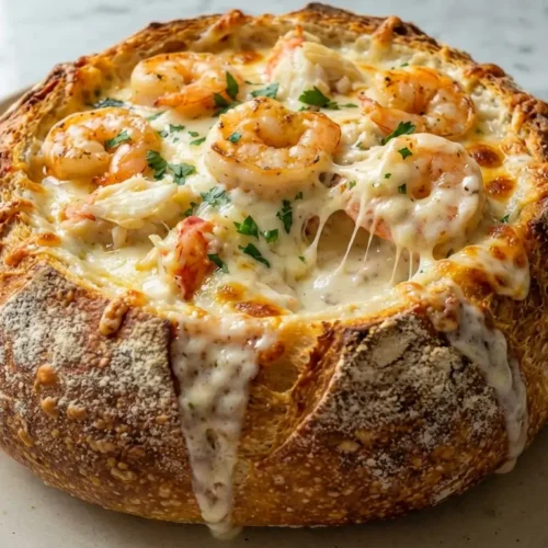 Close-up of a golden-brown sourdough bread bowl overflowing with creamy seafood filling and melted mozzarella cheese.