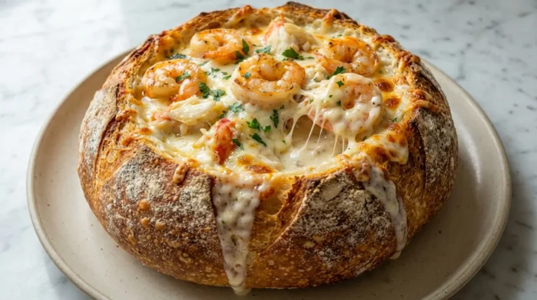 Close-up of a golden-brown sourdough bread bowl overflowing with creamy seafood filling and melted mozzarella cheese.