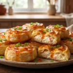 Creamy Crab Rangoon rolls with flaky puff pastry, creamy crab filling, sweet chili glaze, and green onions.