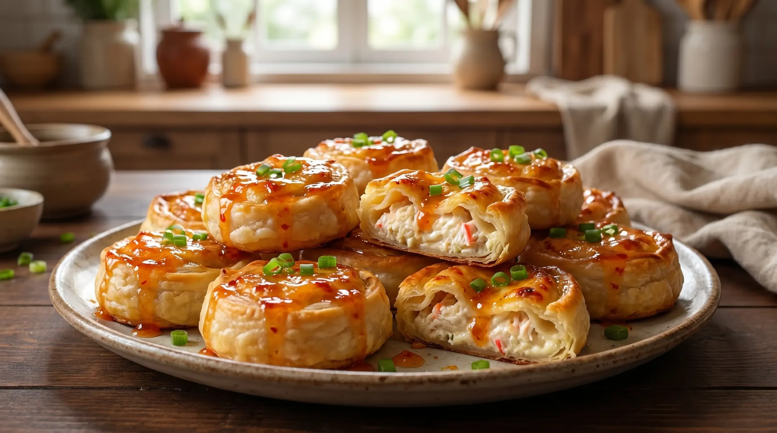 Creamy Crab Rangoon rolls with flaky puff pastry, creamy crab filling, sweet chili glaze, and green onions.