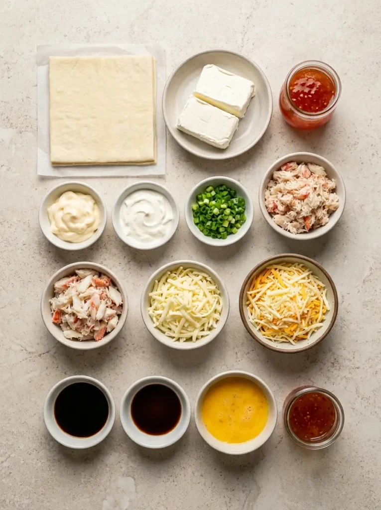 Ingredients for Creamy Crab Rangoon rolls including puff pastry, cream cheese, crab meat, cheese, green onions, and sweet chili sauce.