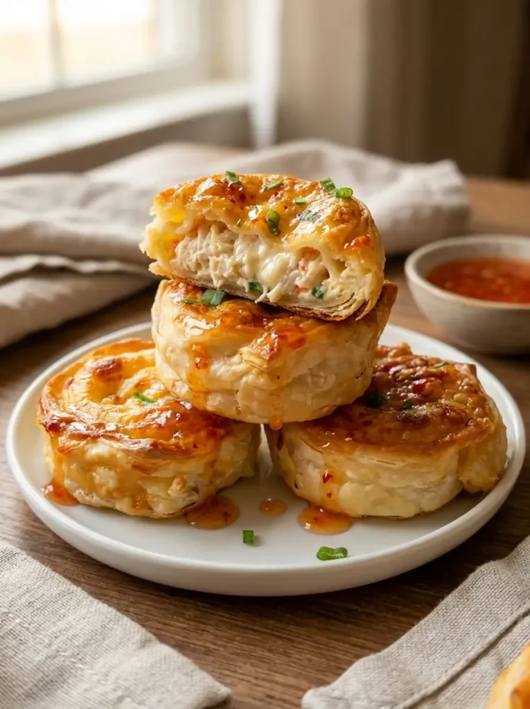 Plated Creamy Crab Rangoon rolls with golden puff pastry, creamy crab filling, sweet chili sauce, and green onions.