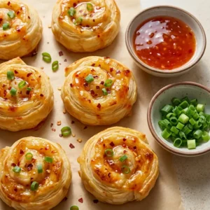 Creamy Crab Rangoon rolls arranged with sweet Thai chili sauce and chopped green onions for serving.