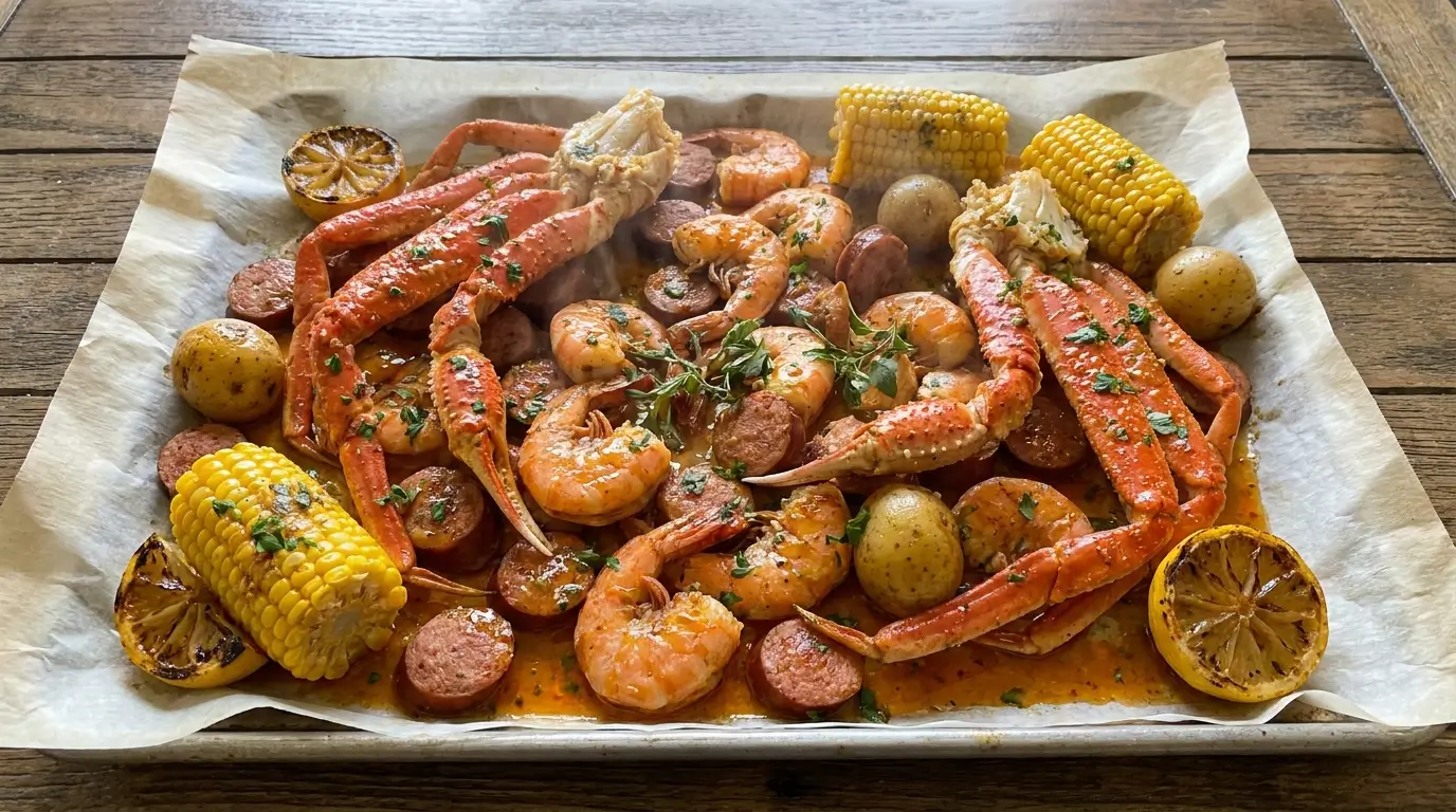 Cajun seafood boil with garlic butter sauce, crab legs, shrimp, sausage, corn, potatoes, and lemon on a sheet pan.