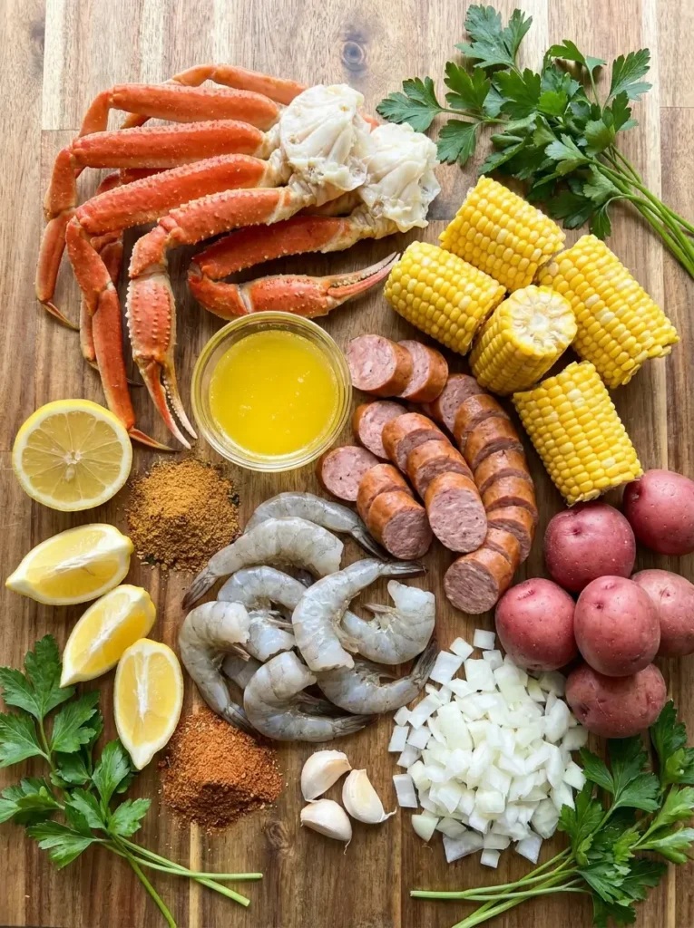 Ingredients for Cajun seafood boil with crab, shrimp, sausage, corn, potatoes, lemon, garlic, butter, and seasonings.