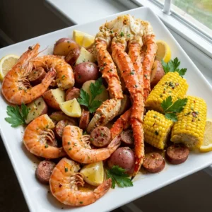 Cajun seafood boil recipe card image with shrimp, crab, sausage, corn, potatoes, lemon, and garlic butter sauce.