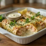 Creamy Garlic Parmesan Shrimp Roll-Ups baked golden and served with buttery garlic Parmesan dipping sauce.