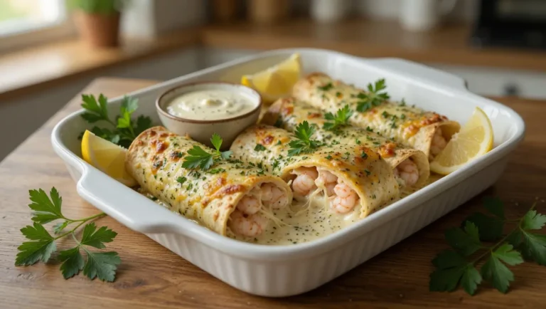 Creamy Garlic Parmesan Shrimp Roll-Ups baked golden and served with buttery garlic Parmesan dipping sauce.