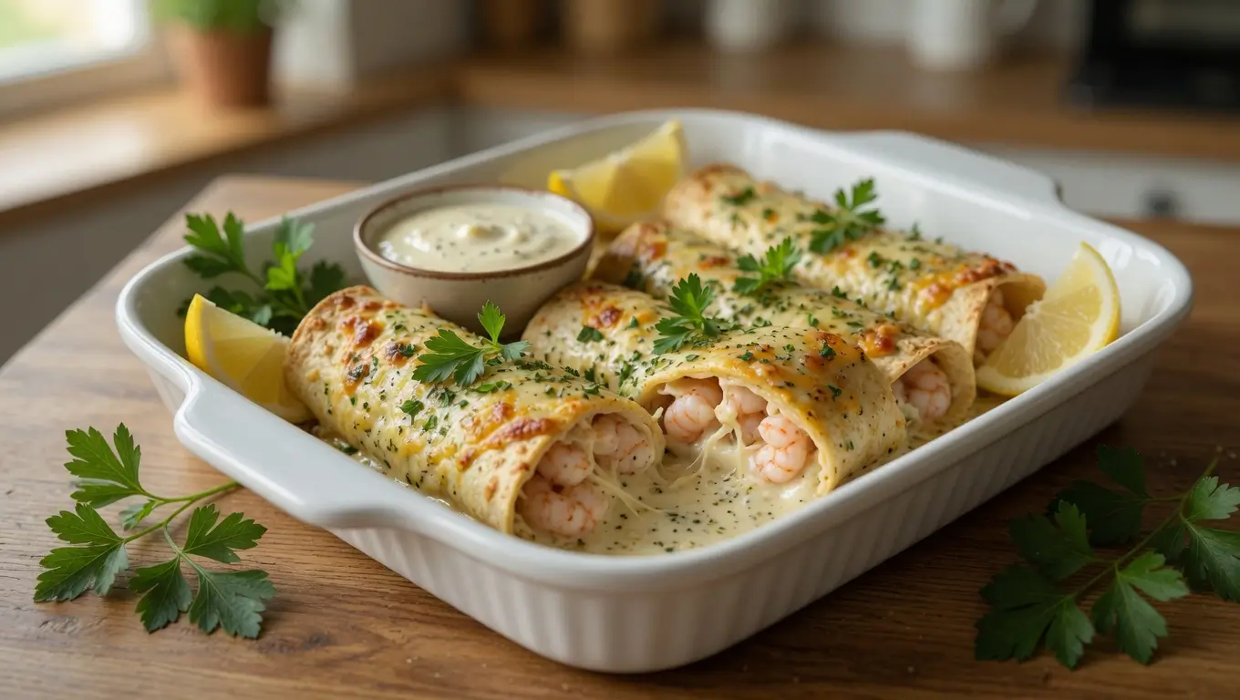 Creamy Garlic Parmesan Shrimp Roll-Ups baked golden and served with buttery garlic Parmesan dipping sauce.