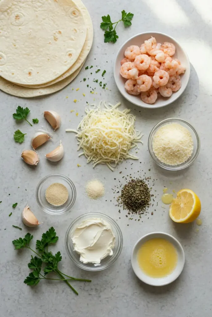 Ingredients for Creamy Garlic Parmesan Shrimp Roll-Ups arranged with shrimp, cheese, tortillas, garlic, butter, and herbs.