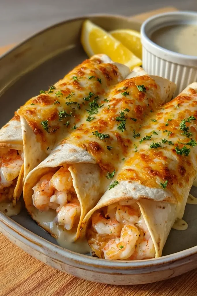 Plated Creamy Garlic Parmesan Shrimp Roll-Ups with melted cheese, shrimp filling, parsley, lemon, and dipping sauce.