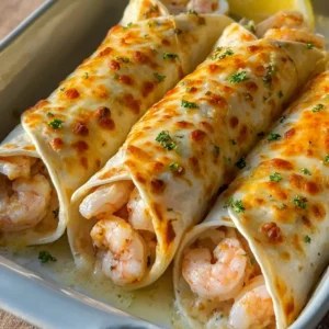Creamy Garlic Parmesan Shrimp Roll-Ups served with buttery garlic dipping sauce on a clean square recipe card image.