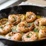 Garlic Butter Shrimp in a skillet with lemon, parsley, and glossy garlic butter sauce.