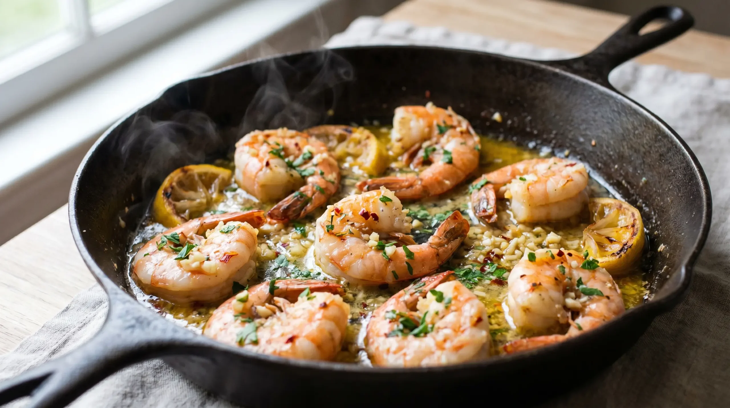 Garlic Butter Shrimp in a skillet with lemon, parsley, and glossy garlic butter sauce.