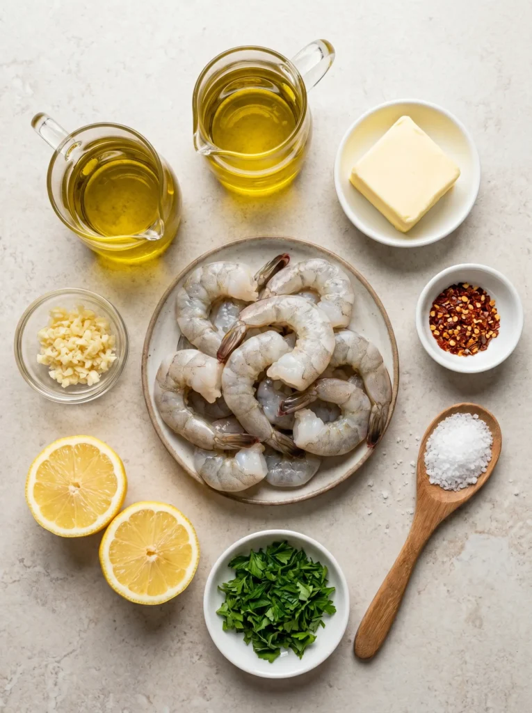 Ingredients for Garlic Butter Shrimp including shrimp, butter, garlic, lemon, parsley, and red pepper flakes.