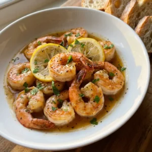 Garlic Butter Shrimp recipe card image with shrimp, lemon, parsley, and garlic butter sauce.