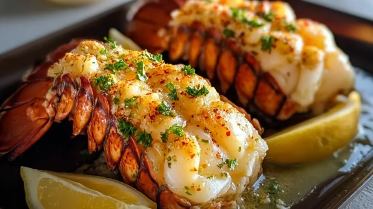 Garlic Lemon Butter Lobster Tails with glossy butter, lemon wedges, and fresh parsley.
