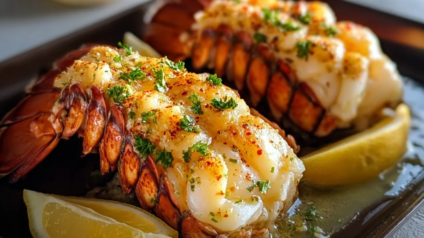 Garlic Lemon Butter Lobster Tails with glossy butter, lemon wedges, and fresh parsley.