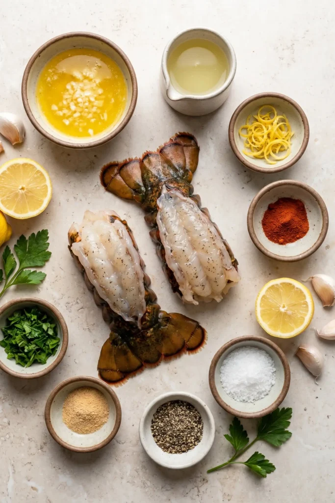 Ingredients for Garlic Lemon Butter Lobster Tails including lobster tails, butter, garlic, lemon, paprika, and parsley.