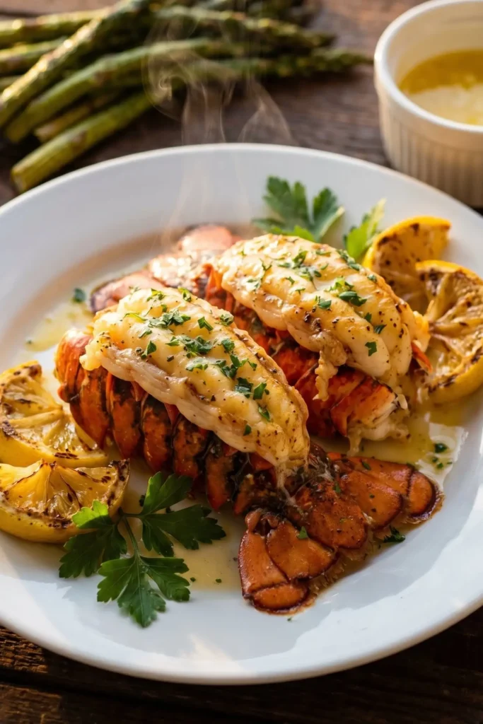 Plated Garlic Lemon Butter Lobster Tails served with lemon, parsley, and warm butter sauce.